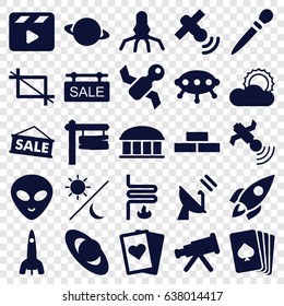 Space icons set. set of 25 space filled icons such as brick wall, observatory, nail sawing, pllaying card, alien head, direction board, movie clapper, satellite, sun, crop