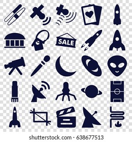 Space icons set. set of 25 space filled icons such as satellite, observatory, rocket, nail sawing, sawing, alien head, movie clapper, glue pen, crescent, crop, home key tag