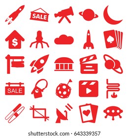 Space icons set. set of 25 space filled icons such as observatory, sawing, pllaying card, direction board, movie clapper, crescent, cloud, crop, buying a house, sale tag