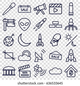 Space icons set. set of 25 space outline icons such as brick wall, observatory, rocket, nail sawing, direction board, movie clapper, satellite, sun, glue pen, crescent, cloud