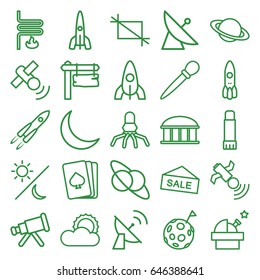 Space icons set. set of 25 space outline icons such as satellite, observatory, rocket, nail sawing, pllaying card, direction board, sun, glue pen, crescent, crop