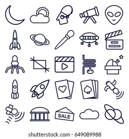 Space icons set. set of 25 space outline icons such as observatory, nail sawing, pllaying card, movie clapper, satellite, sun, crescent, cloud, crop, home key tag