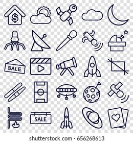 Space icons set. set of 25 space outline icons such as satellite, rocket, nail sawing, sawing, movie clapper, sun, crescent, cloud, crop, buying a house, sale tag