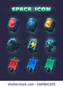 Space icons set for 2d game.
Icons heart, energy, stars, settings, flags. Vector illustration 