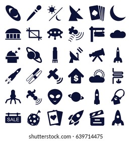 Space icons set. set of 36 space filled icons such as satellite, observatory, rocket, nail sawing, sawing, pllaying card, alien head, direction board, movie clapper, sun