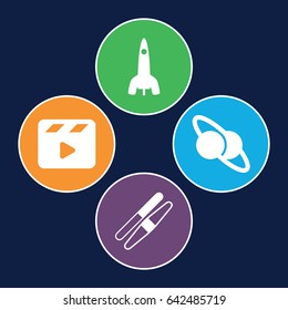 Space icons set. set of 4 space filled icons such as sawing, movie clapper, rocket