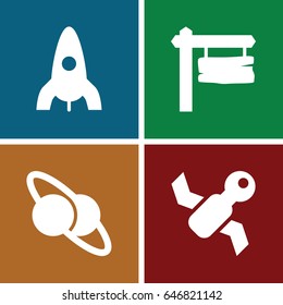 Space icons set. set of 4 space filled icons such as rocket, direction board, planet and satellite