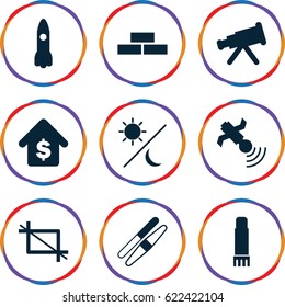 Space icons set. set of 9 space filled icons such as brick wall, sawing, satellite, glue pen, crop, buying a house, sun and moon, rocket