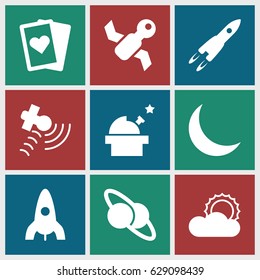 Space icons set. set of 9 space filled icons such as rocket, satellite, sun, crescent, planet and satellite, observatory