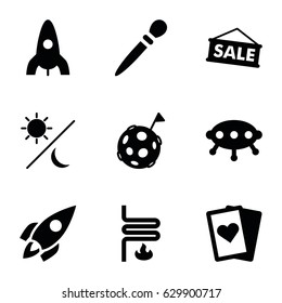 Space icons set. set of 9 space filled icons such as rocket, nail sawing, heating system, sun and moon, sale, flag on moon, ufo
