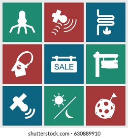 Space icons set. set of 9 space filled icons such as direction board, satellite, sale tag, home key tag, heating system, sun and moon, flag on moon