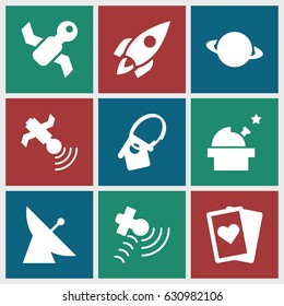 Space icons set. set of 9 space filled icons such as satellite, home key tag, rocket, observatory, planet