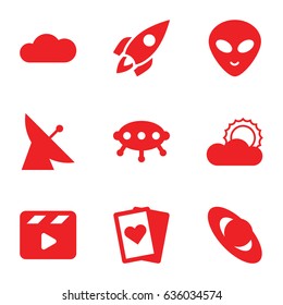 Space icons set. set of 9 space filled icons such as satellite, alien head, movie clapper, sun, cloud, rocket, ufo, playing card