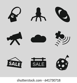 Space icons set. set of 9 space filled icons such as satellite, cloud, sale tag, home key tag, sale, flag on moon, rocket, planet