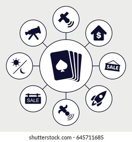 Space icons set. set of 9 space filled icons such as pllaying card, satellite, buying a house, sale tag, rocket, sun and moon, sale