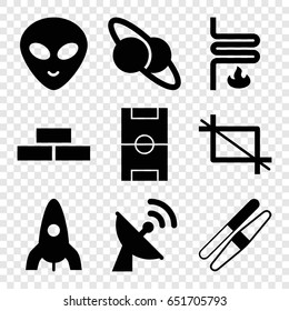 Space icons set. set of 9 space filled icons such as brick wall, rocket, sawing, alien head, crop, heating system, football pitch, satellite