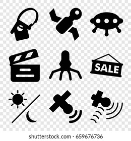 Space icons set. set of 9 space filled icons such as movie clapper, satellite, home key tag, sun and moon, sale, rocket