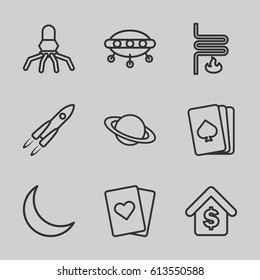 Space icons set. set of 9 space outline icons such as pllaying card, crescent, buying a house, heating system, rocket, UFO, planet