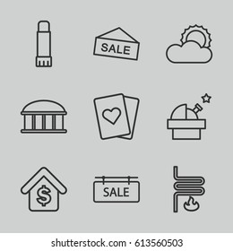 Space icons set. set of 9 space outline icons such as observatory, sun, glue pen, buying a house, sale tag, heating system, playing card