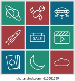 Space icons set. set of 9 space outline icons such as pllaying card, movie clapper, crescent, cloud, sale tag, rocket, planet and satellite, satellite