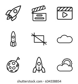 Space icons set. set of 9 space outline icons such as rocket, movie clapper, sun, cloud, crop