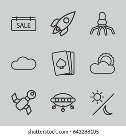 Space icons set. set of 9 space outline icons such as pllaying card, sun, cloud, sale tag, rocket, sun and moon, satellite