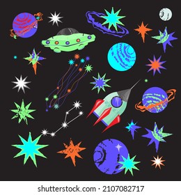 Space icons set with alien spaceship and rocket, planets and stars, cartoon flat vector illustration isolated on black background. Space and galaxy items bundle.