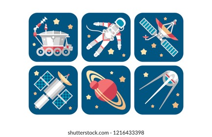 Space icons set, artificial satellite, saturn planet, rover, astronaut, spaceship vector Illustration