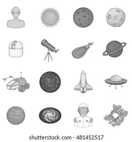 Space icons set in black monochrome style. Cosmos elements set collection vector illustration