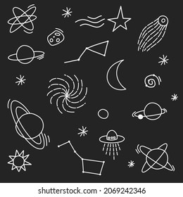Space icons set.  Black and white.  Doodle.  Vector illustration