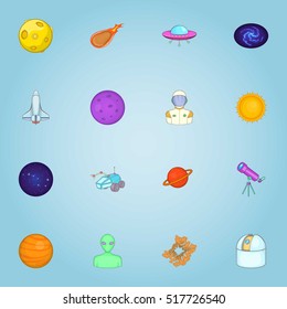 Space icons set. Cartoon illustration of 16 space vector icons for web