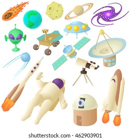 Space icons set in cartoon style. Space and astronomy elements set collection vector illustration
