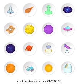 Space icons set in cartoon style. Cosmos elements set collection vector illustration