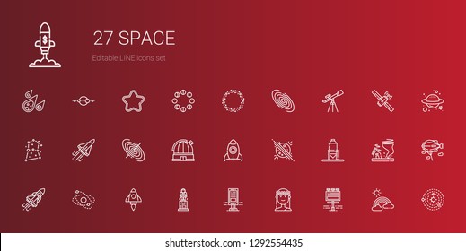 space icons set. Collection of space with billboard, muse, astronaut, startup, planet, space shuttle, silo, rocket, observatory, black hole. Editable and scalable icons.