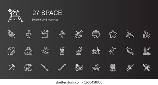 space icons set. Collection of space with billboard, planet, wrapping, rocket ship, satellite, startup, telescope, mars rover, satellite dish. Editable and scalable space icons.