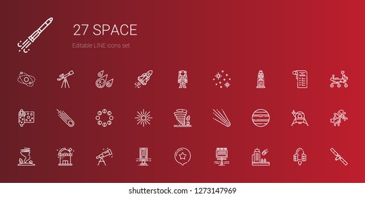 space icons set. Collection of space with meteorite, billboard, star, telescope, observatory, tornado, venus, comet, moon phases, asteroid. Editable and scalable space icons.