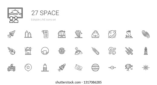 space icons set. Collection of space with solar system, venus, planet, space shuttle, silo, star, satellite dish, asteroids, asteroid, rainbow. Editable and scalable icons.