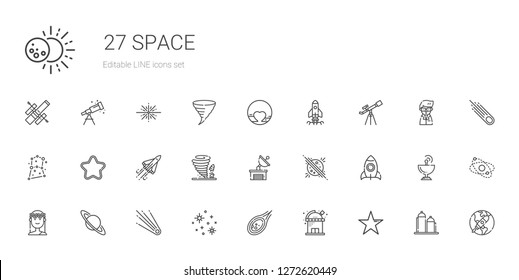space icons set. Collection of space with star, observatory, meteorite, stars, comet, saturn, muse, rocket, planet, satellite dish, tornado. Editable and scalable space icons.