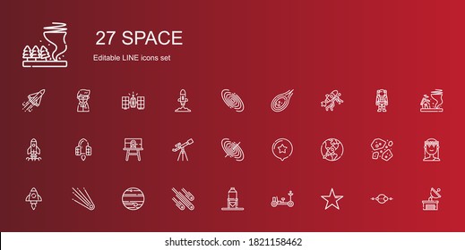 Raumsymbole gesetzt. Kollektion von Raum mit Stern, Mondrover, Silo, Meteoriten, Jupiter, Komet, Startup, schwarzes Loch, Teleskop, Leinwand, Raumschiff. Bearbeitbare und skalierbare Raumsymbole.