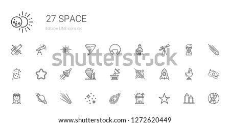 space icons set. Collection of space with star, observatory, meteorite, stars, comet, saturn, muse, rocket, planet, satellite dish, tornado. Editable and scalable space icons.