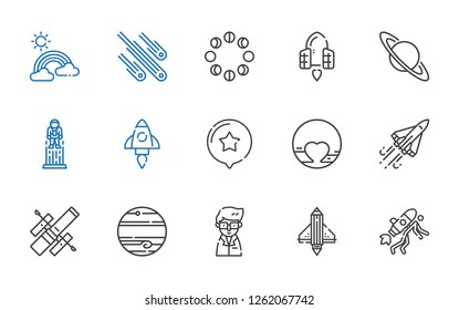 space icons set. Collection of space with startup, scientist, jupiter, hubble space telescope, space shuttle, pluto, star, astronaut, saturn. Editable and scalable icons.