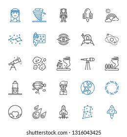 space icons set. Collection of space with startup, constellation, meteorite, pluto, asteroid, scientist, zeppelin, silo, tornado, telescope. Editable and scalable space icons.