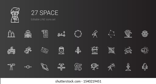 space icons set. Collection of space with telescope, zeppelin, asteroids, satellite, saturn, solar system, planet, observatory, startup, muse. Editable and scalable space icons.