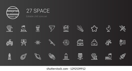 space icons set. Collection of space with tornado, billboard, silo, galaxy, saturn, meteorite, astronaut, hand bag, observatory, solar system. Editable and scalable space icons.