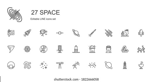 space icons set. Collection of space with uranus, constellation, telescope, stars, asteroids, pluto, muse, observatory, silo, billboard, startup. Editable and scalable space icons.