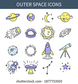 Space icons set, colorful minimalistic collection of astronomy symbols and planets, vector illustration