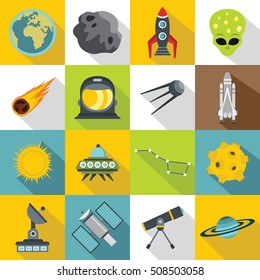 Space icons set. Flat illustration of 16 space travel vector icons for web