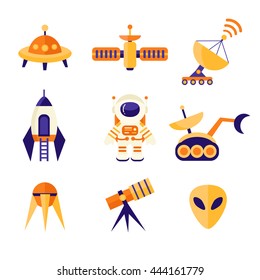 Space Icons Set in flat style. Astronaut, shuttle, alien, rocket, ufo, radar, telescope, satellite. Cosmos exploration elements, vector collection