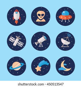 Space icons set in flat style. Cosmos exploration elements, vector collection. Rocket, Saturn, satellite, ufo, moon, transmitter, alien, star,  telescope. 