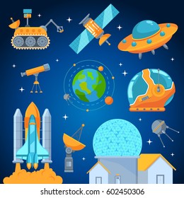 Space icons set flat style vector. Space shuttle rocket launch And telescope with an observatory, earth satellites